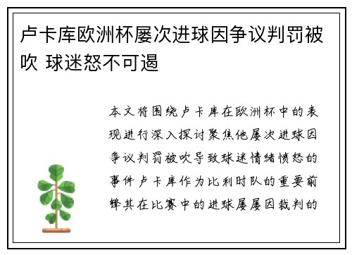 卢卡库欧洲杯屡次进球因争议判罚被吹 球迷怒不可遏